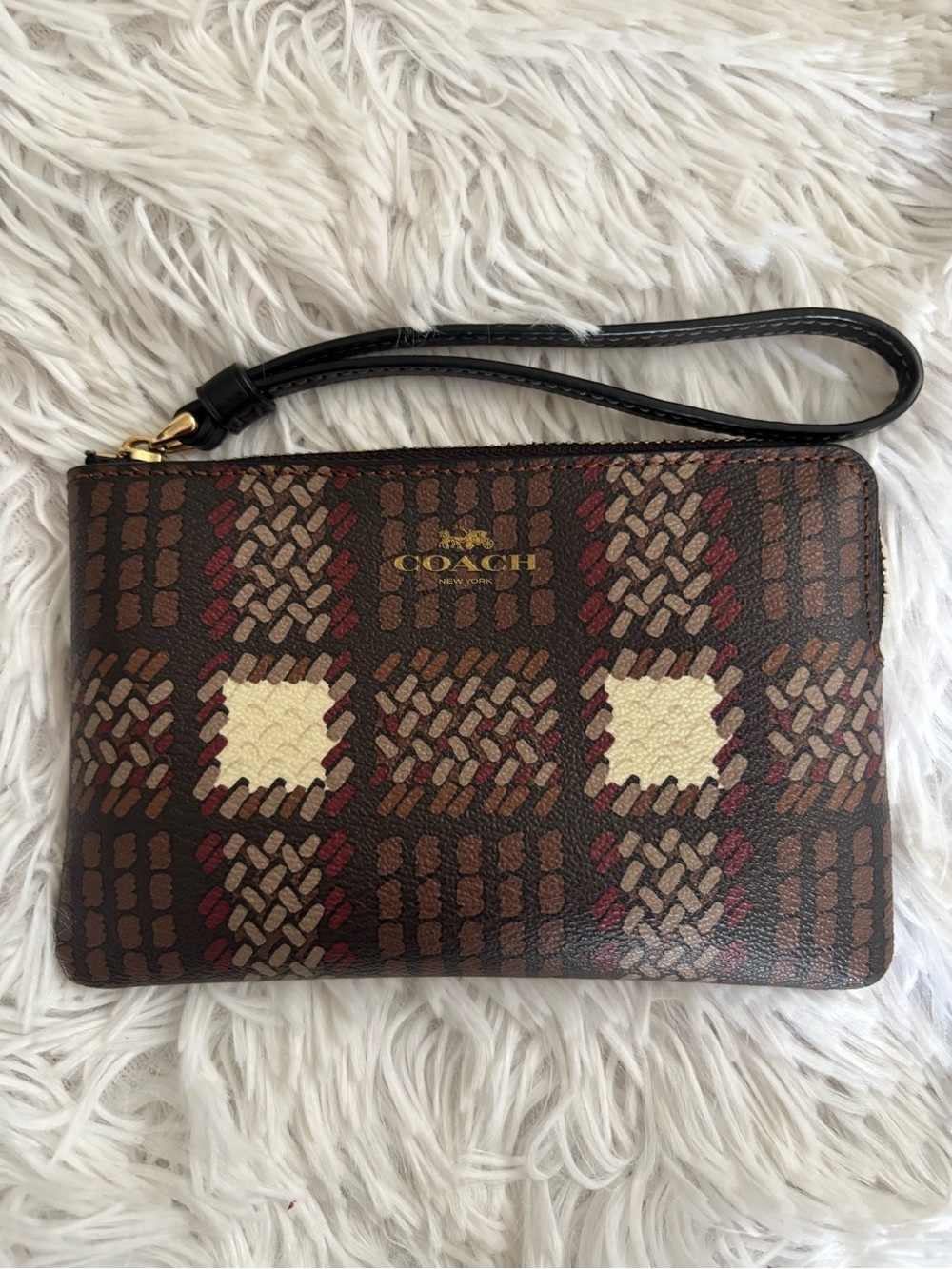 Coach Brown, Cream & Burgundy Patterned Wristlet